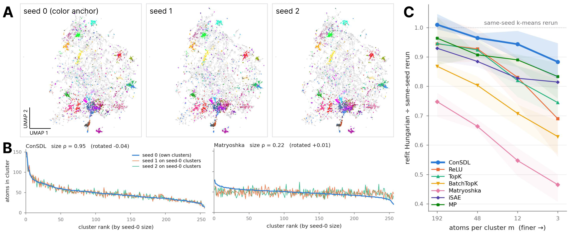 Dictionary cluster consistency across training runs